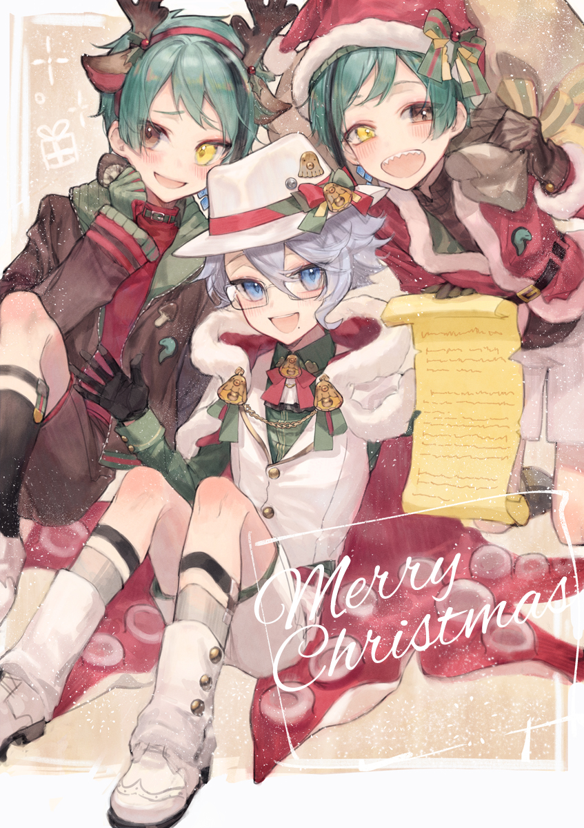 3boys, aged_down, alternate_costume, animal_ears, antlers, aqua_hair, ascot, azul_ashengrotto