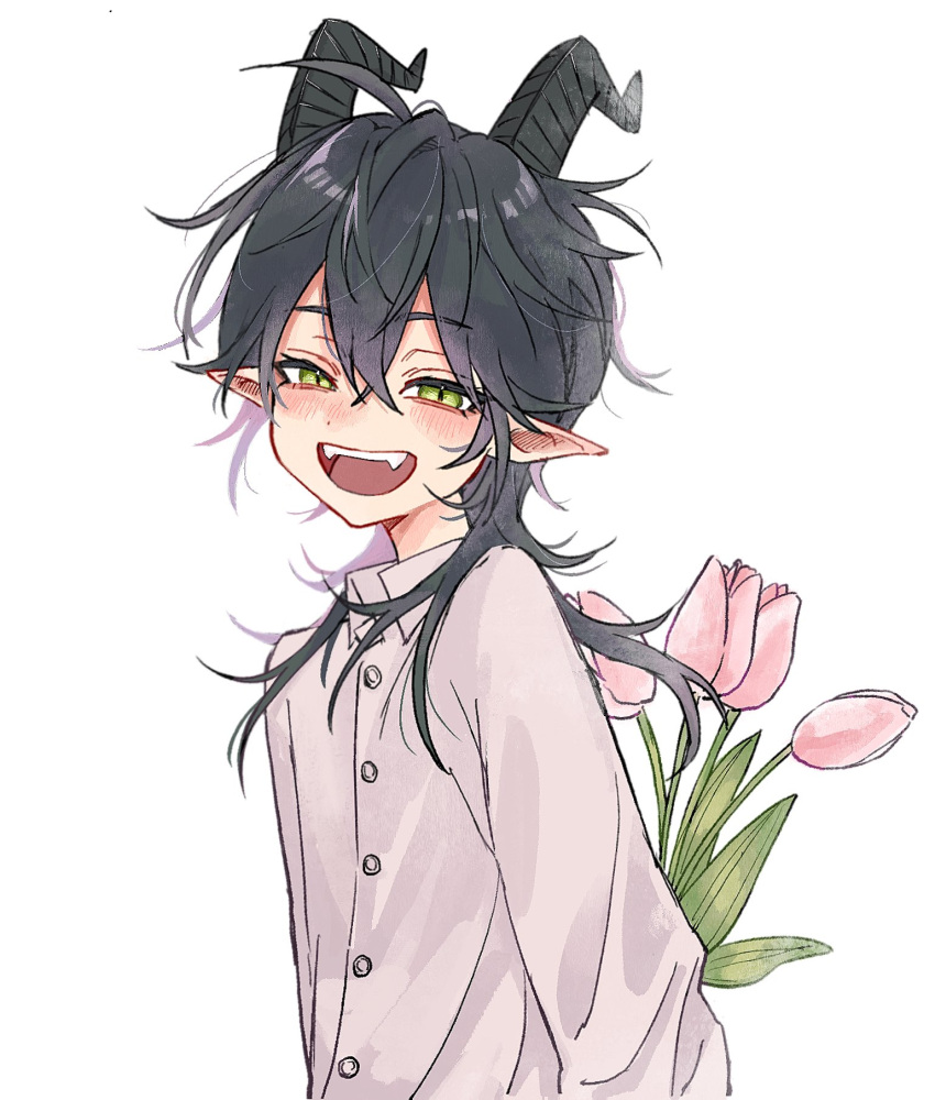 1boy, aged_down, ahoge, arms_behind_back, black_hair, blush, buttons, collared_shirt