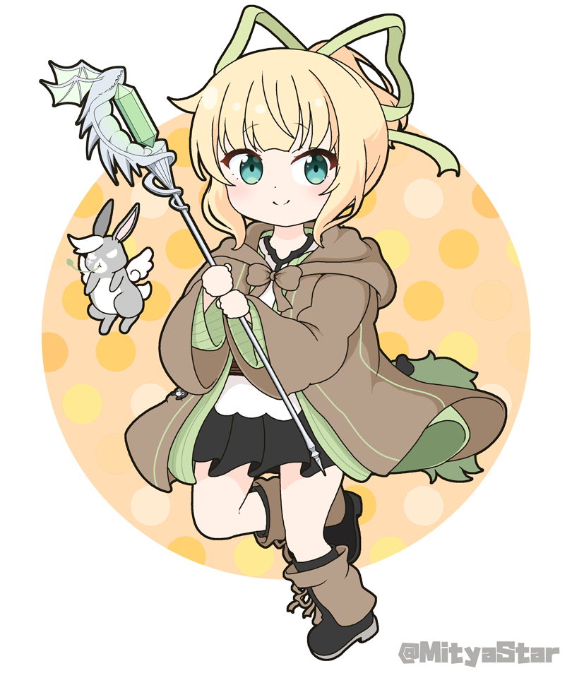1girl, animal, black_footwear, black_skirt, blonde_hair, blush, boots, brown_background