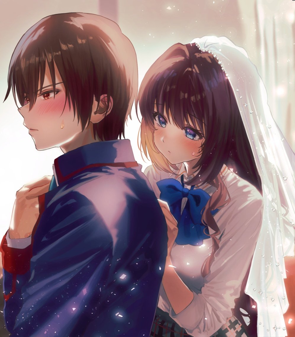 1boy, 1girl, a-chan_senpai, black_jacket, blue_bow, blue_eyes, blush, bow, bridal_veil, brown_eyes, brown_hair, closed_mouth, collared_shirt, commentary_request, embarrassed, eyelashes, hair_intakes, hand_on_another's_back, hand_up, hetero, indoors, jacket, light_particles, little_busters!, little_busters!_school_uniform, long_hair, long_sleeves, looking_at_another, looking_to_the_side, miiizuno_lbs, natsume_kyousuke, school_uniform, shirt, short_hair, upper_body, veil, very_long_hair, white_shirt
