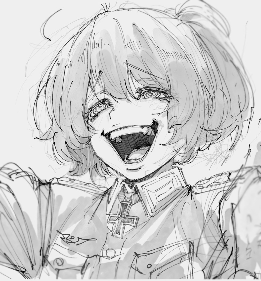 1girl, ahoge, asbel_lhant, collared_shirt, cross, epaulettes, evil_smile, fangs