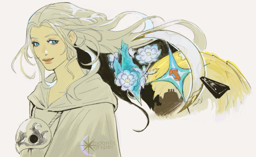 1girl, artist_name, blue_eyes, capelet, commentary, constellation_crystal_(ff14), drawstring, elpis_flower