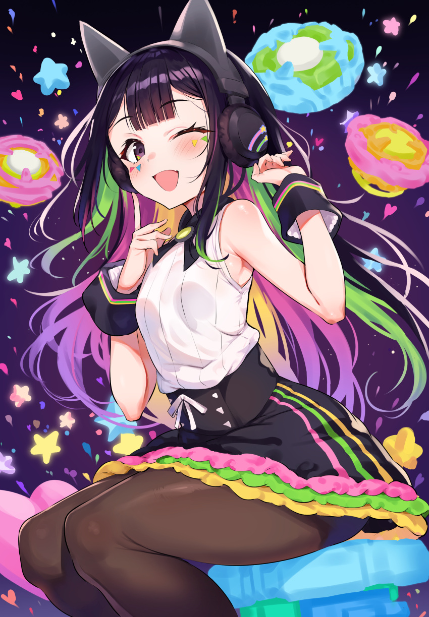 1girl, absurdres, animal_ear_headphones, animal_ears, beyblade, beyblade_x, black_hair, black_skirt, blunt_bangs, blush, facial_mark, fake_animal_ears, headphones, highres, ichi-jirushi, long_hair, looking_at_viewer, multicolored_hair, nanairo_multi, one_eye_closed, open_mouth, pantyhose, shirt, sitting, skirt, smile, solo, very_long_hair, white_shirt, wrist_cuffs