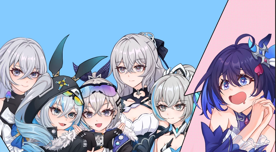 6+girls, ahoge, bare_shoulders, black_bow, blue_eyes, blue_hair, bow, bronya_rand