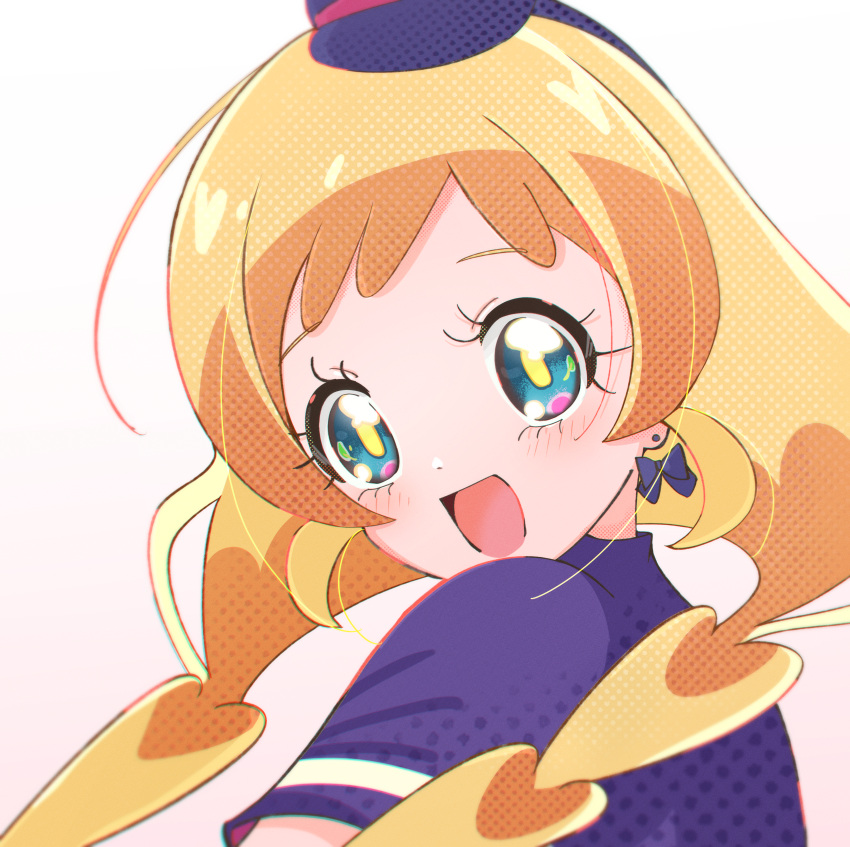 1girl, :d, absurdres, blonde_hair, blue_eyes, braid, capelet, commentary, cure_friendy, earrings, flat_cap, from_side, hairband, hat, highres, inukai_iroha, jewelry, long_hair, looking_at_viewer, looking_back, magical_girl, mini_hat, multicolored_eyes, noe_graphics, open_mouth, precure, purple_capelet, purple_hairband, purple_hat, smile, solo, twin_braids, wonderful_precure!