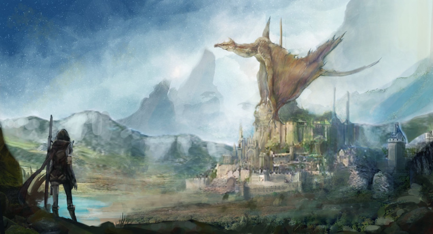 1girl, black_hair, blue_sky, building, castle, clouds, cloudy_sky, commentary, day, dragon, fantasy, giant, giant_monster, highres, mountainous_horizon, on_building, original, outdoors, painterly, rock, scenery, seki_(ksooo18), sky, standing, tail, wide_shot, wings, wyvern