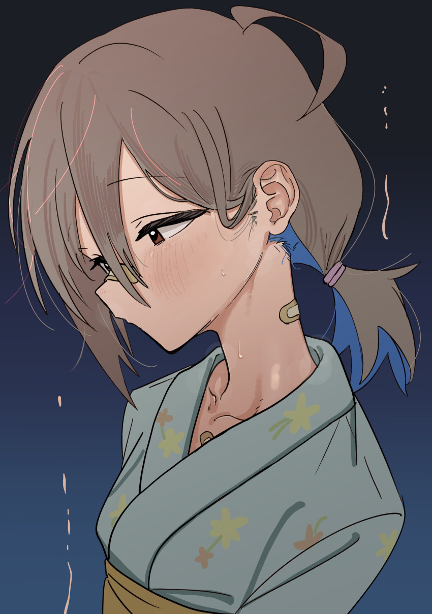 1girl, absurdres, ahoge, bandaid, bandaid_on_face, bandaid_on_nose, blush, brown_eyes, do_it_yourself!!, embers, floral_print, floral_print_kimono, hair_between_eyes, highres, japanese_clothes, kimono, masshutake, messy, night, ponytail, yua_serufu, yukata