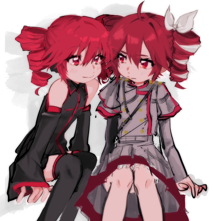 2girls, bare_shoulders, black_shirt, black_skirt, black_sleeves, black_thighhighs, bow, buttons
