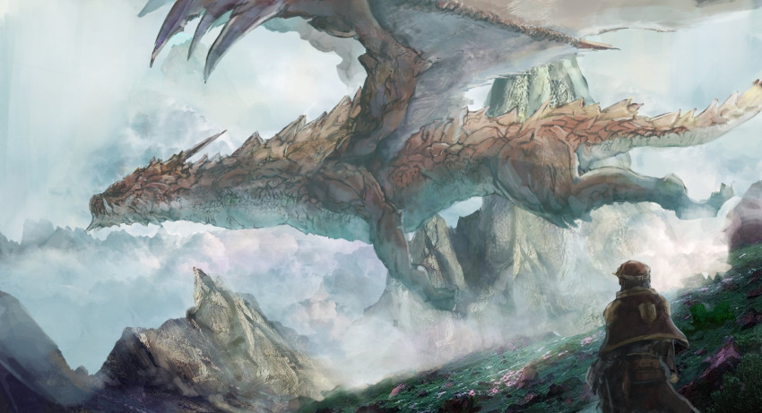 1other, ambiguous_gender, animal_focus, brown_capelet, brown_hat, capelet, clouds, cloudy_sky, day, dragon, fantasy, flying, fog, from_side, hat, highres, horns, monster, mountainous_horizon, original, outdoors, red_scales, rock, scales, scenery, seki_(ksooo18), sky, tail, western_dragon, wings