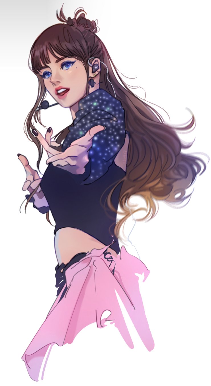 1girl, black_nails, black_shirt, blackpink, blue_eyes, blunt_bangs, brown_hair, commentary, cropped_torso, eren_xg7, eyelashes, half_updo, highres, k-pop, lisa_(blackpink), long_hair, long_sleeves, microphone, open_mouth, pink_skirt, real_life, shirt, sidelocks, simple_background, skirt, solo, white_background