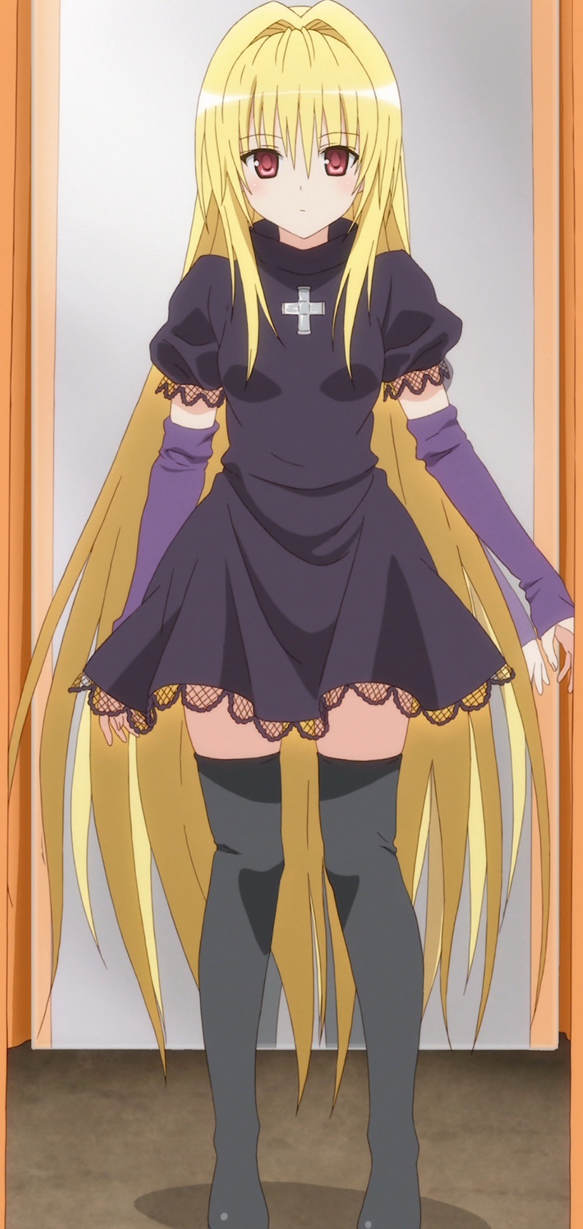 black_legwear, black_thighhighs, blonde_hair, cap, cosplay, cross, detached_sleeves, dress, elbow_gloves, eve_(black_cat), eve_(cosplay), gloves, highres, konjiki_no_yami, legs, long_hair, red_eyes, screencap, seiyuu_connection, solo, stitched, thigh-highs, thighhighs, to_love-ru, toloveru, very_long_hair, zettai_ryouiki