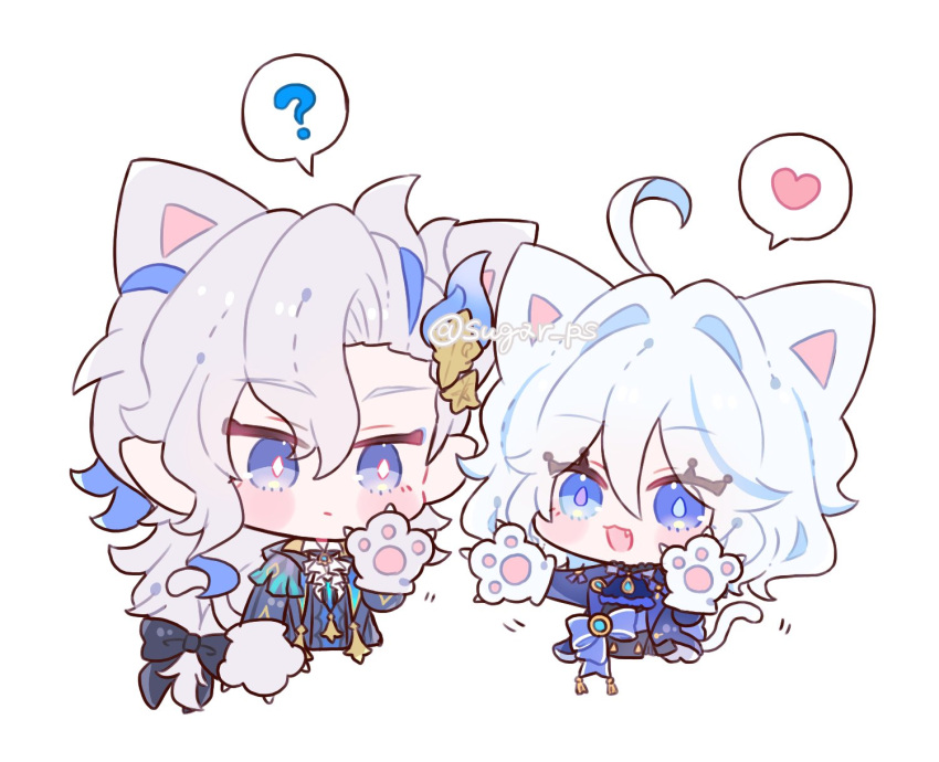 1boy, 1girl, ahoge, animal_ears, animal_hands, ascot, black_bow, blue_ascot, blue_coat, blue_eyes, blue_hair, bow, cat_ears, chibi, coat, furina_(genshin_impact), genshin_impact, gloves, highres, ikura_(sugar_ps), long_hair, low-tied_long_hair, medium_hair, multicolored_hair, neuvillette_(genshin_impact), paw_gloves, simple_background, streaked_hair, wavy_hair, white_ascot, white_background