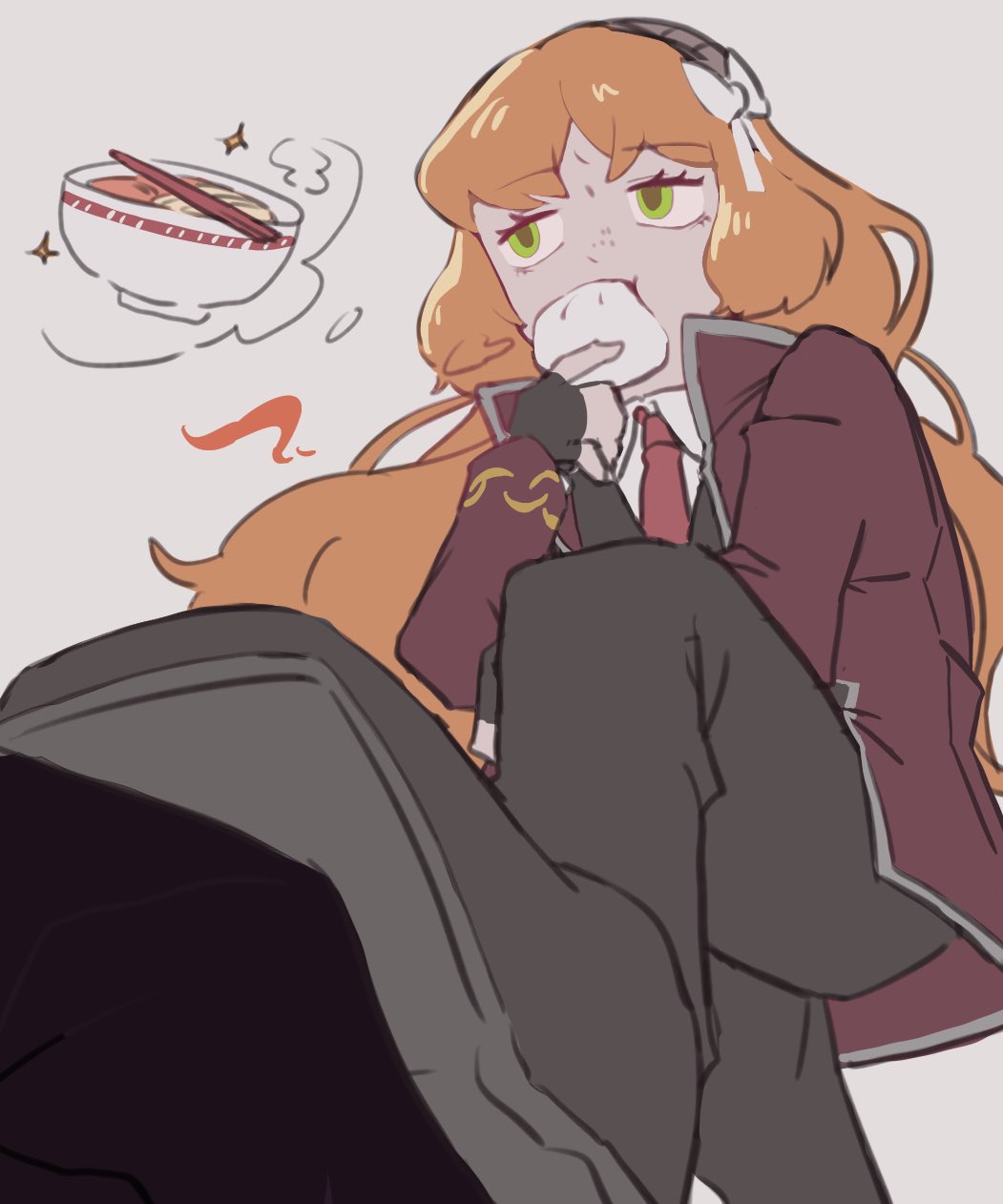 1girl, 73sitimi, baozi, belt, black_belt, black_pants, bowl, collared_shirt