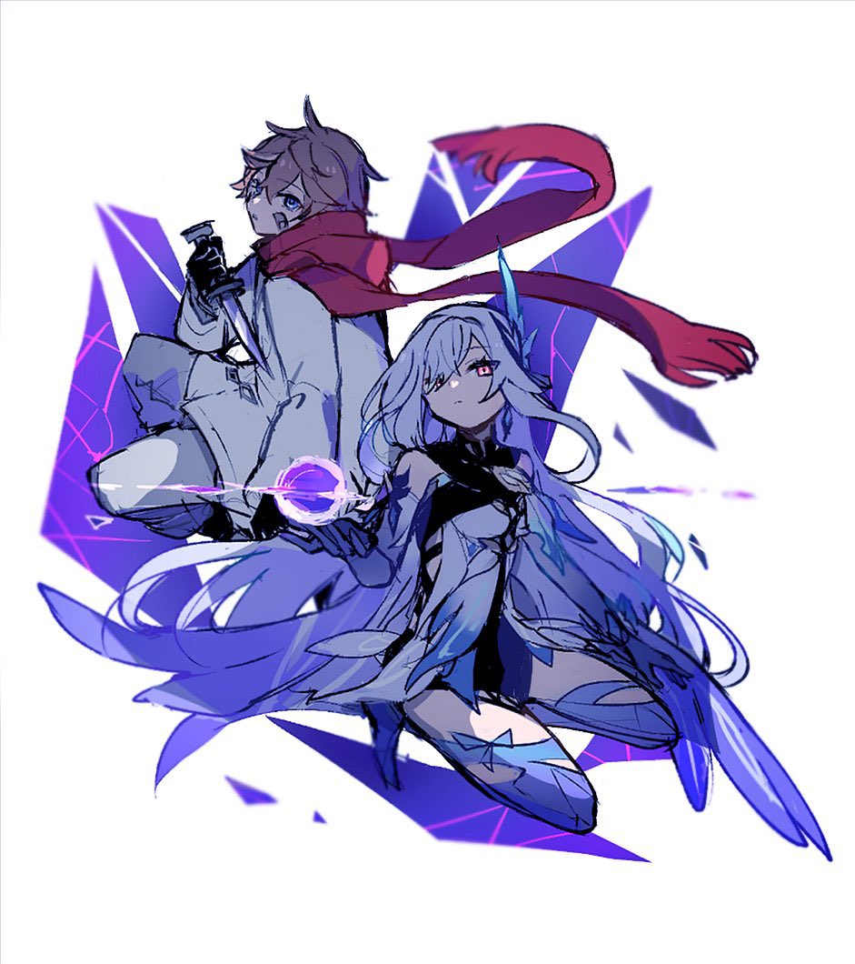 1boy, 1girl, blue_eyes, dagger, genshin_impact, hand_up, holding, holding_dagger
