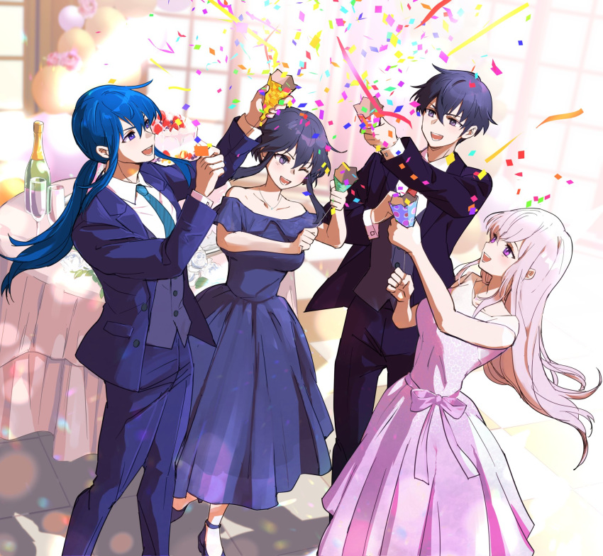 2boys, 2girls, alternate_costume, aqua_necktie, bare_shoulders, black_hair, black_pants, black_suit