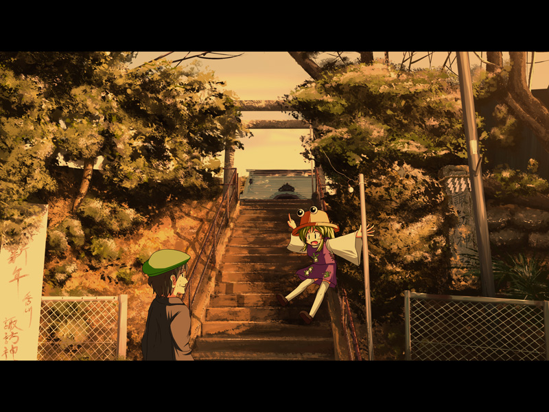 :o, blonde_hair, chain-link_fence, chainlink_fence, fence, flat_cap, glasses, hat, jacket, letterboxed, moriya_suwako, nature, open_mouth, photo, pole, ryogo, ryougo, short_hair, shorts, sign, slit_pupils, smile, stairs, surprised, thighhighs, torii, touhou, tree, zettai_ryouiki, zun