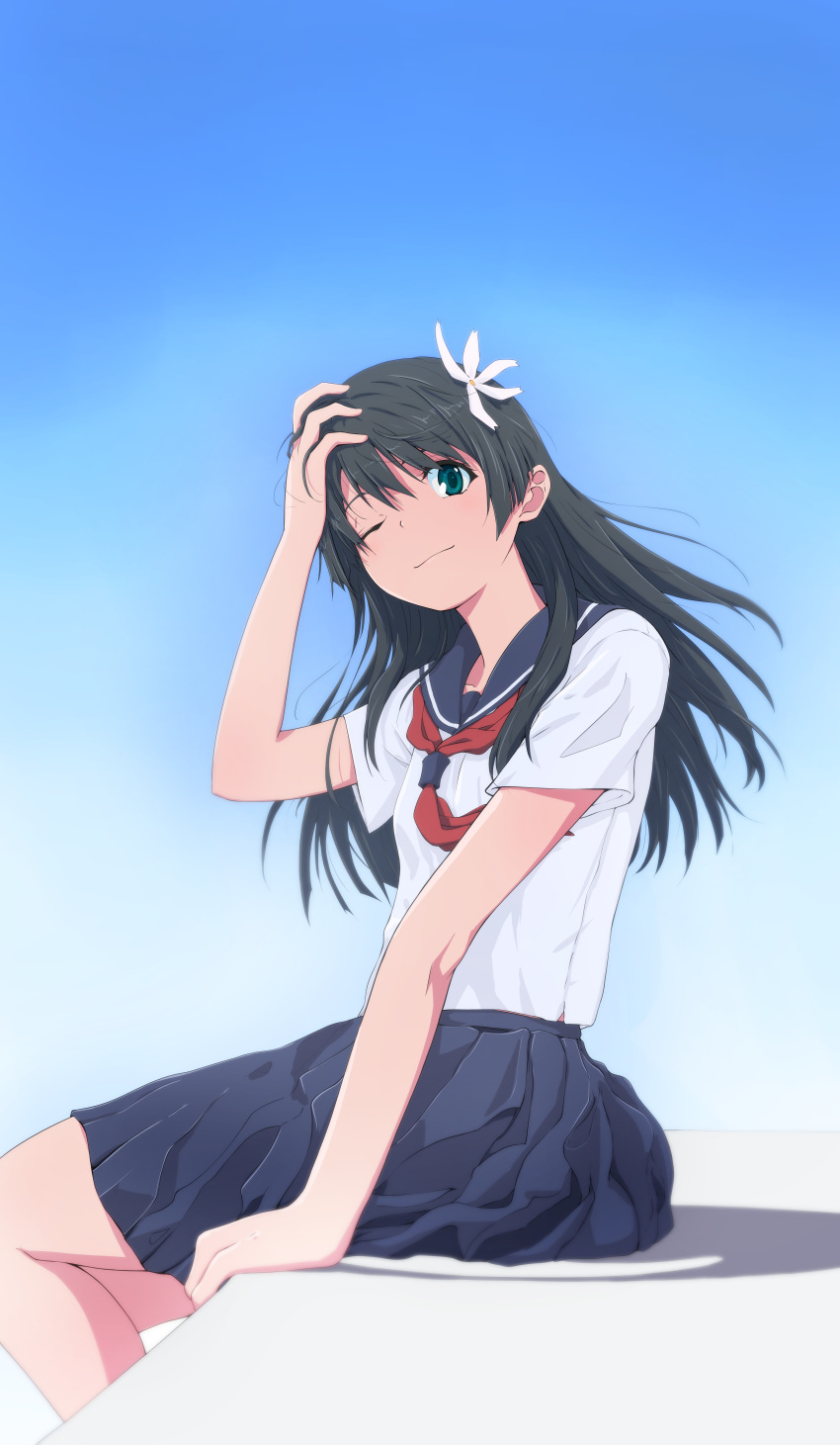 1girl, absurdres, black_hair, blue_eyes, blue_sailor_collar, blue_skirt, blue_sky, closed_mouth