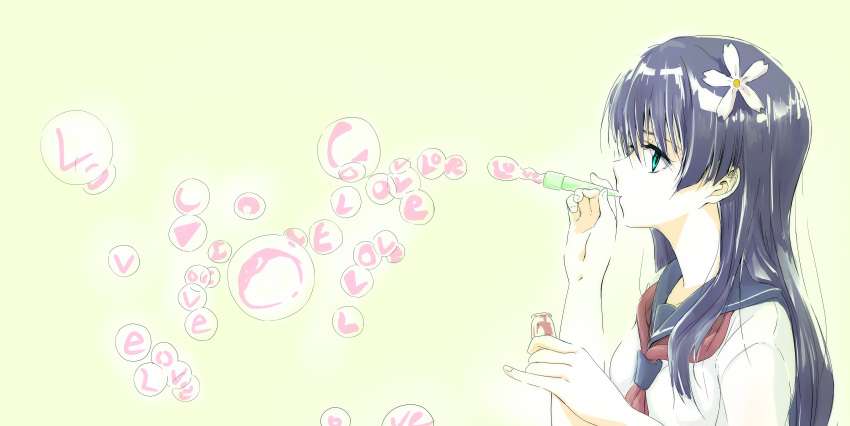 1girl, absurdres, black_hair, blowing_bubbles, blue_eyes, blue_sailor_collar, bubble_pipe, flower