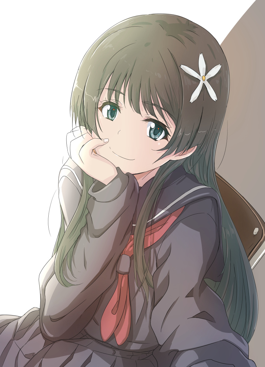 1girl, absurdres, black_hair, black_sailor_collar, black_serafuku, black_skirt, blue_eyes, chair