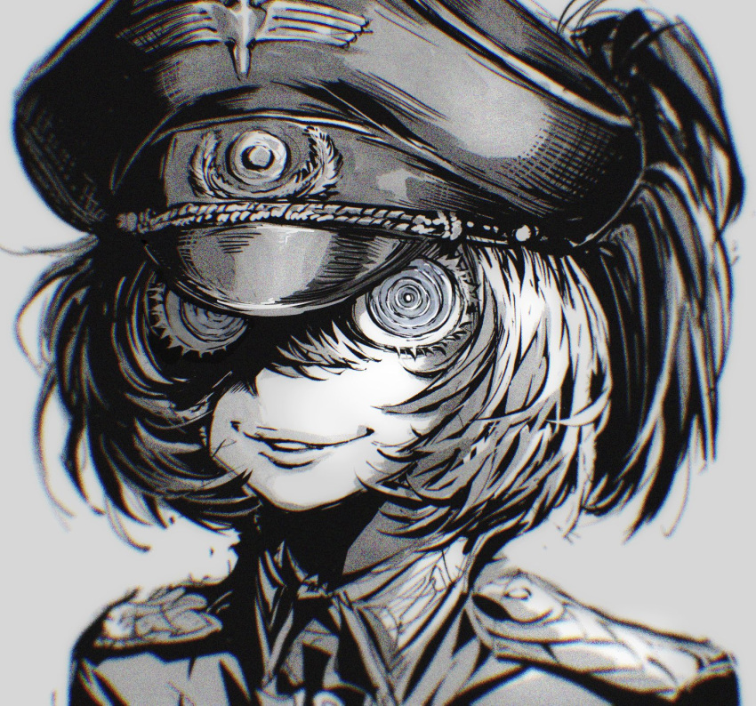 1girl, collared_shirt, cross, epaulettes, greyscale, hair_between_eyes, hat, high_ponytail, highres, iron_cross, long_hair, looking_at_viewer, medal, messy_hair, military, military_hat, military_uniform, monochrome, mp100nm_wolf, peaked_cap, ponytail, reichsadler, sanpaku, shaded_face, shirt, simple_background, smile, solo, tanya_degurechaff, uniform, unusually_open_eyes, white_background, youjo_senki