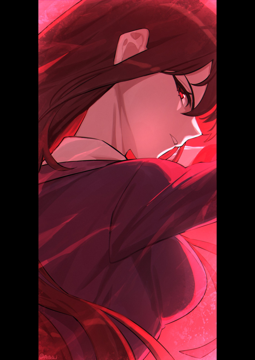1girl, absurdres, asteli_i, black_border, black_jacket, border, brown_hair, close-up