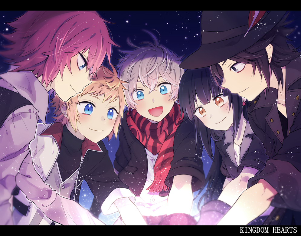 1girl, 4boys, anoko_(darenokoanoko), aqua_eyes, black_eyes, black_gloves, black_hair, black_hat