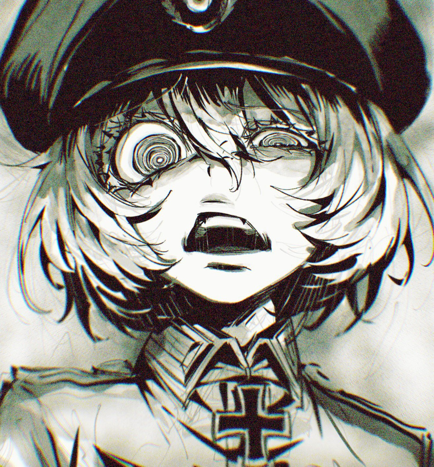 1girl, collared_shirt, cross, disgust, epaulettes, gesugao, hair_between_eyes, hat