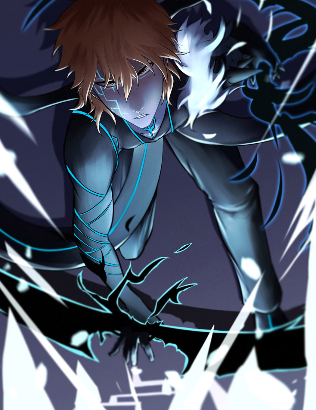 1boy, aura, bleach, bleach:_brave_souls, bow_(weapon), brown_eyes, coattails, energy_weapon, from_above, fur-trimmed_jacket, fur_trim, glowing_lines, hair_between_eyes, highres, holding, holding_bow_(weapon), holding_weapon, jacket, kurosaki_ichigo, looking_at_viewer, male_focus, medium_hair, nakiskri, official_alternate_costume, official_alternate_hair_length, official_alternate_hairstyle, orange_hair, parted_lips, quincy_(bleach), solo, weapon