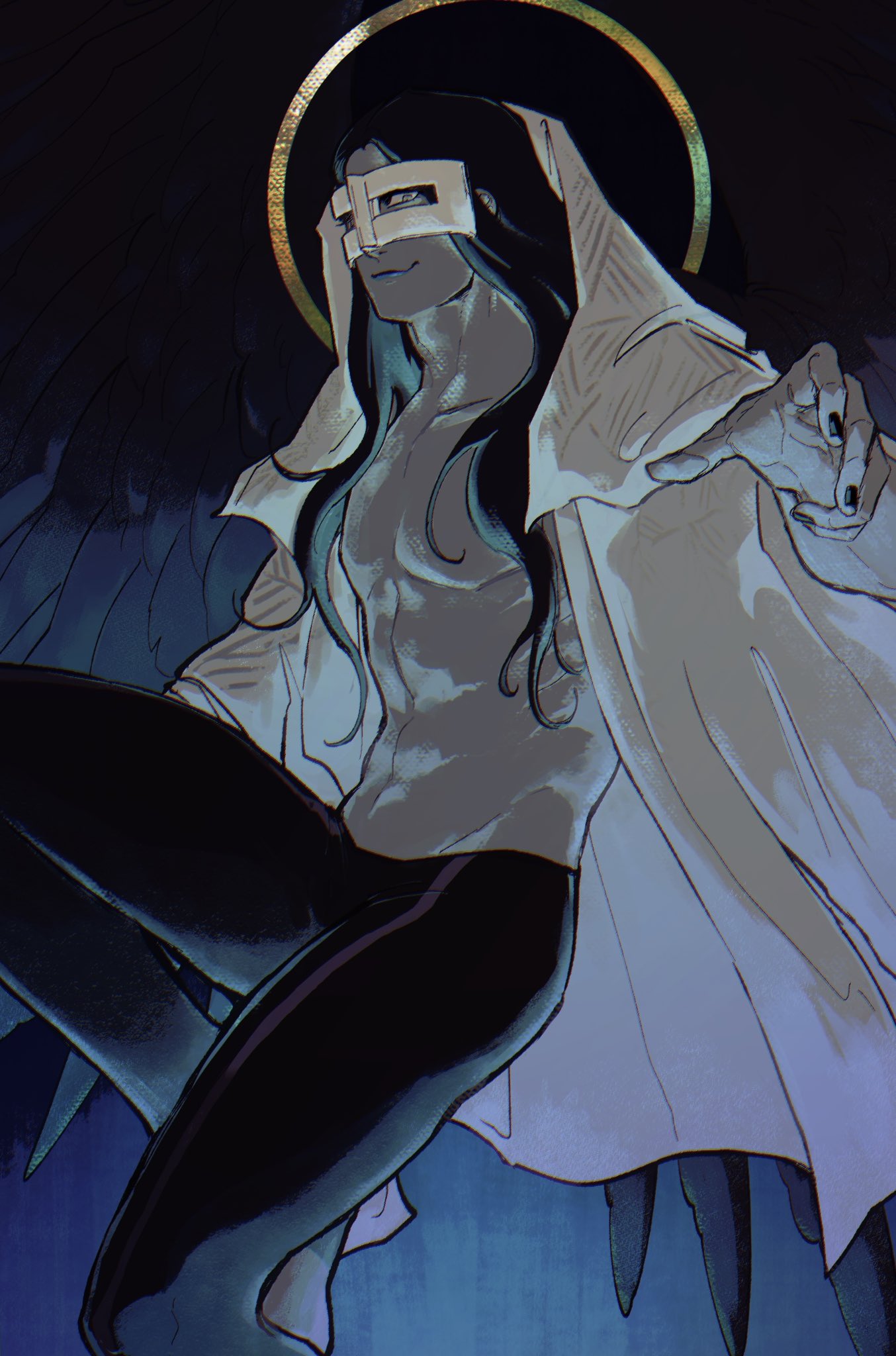1boy, abs, adam's_apple, angel, angel_wings, black_hair, black_nails, black_pants, black_wings, blue_background, blue_lips, colored_skin, cowboy_shot, feathered_wings, grey_eyes, grey_skin, halo, highres, long_hair, looking_at_viewer, male_focus, mask, mastema_(megami_tensei), no_shirt, pants, pectorals, pointing, pointing_at_viewer, protected_link, shin_megami_tensei, smirk, wings, yklk_(sevvrue)