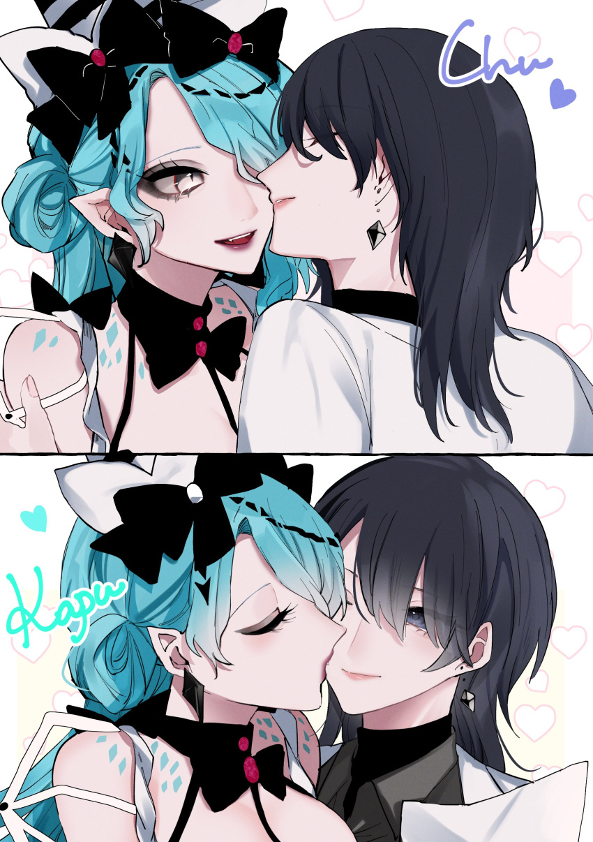 2girls, absurdres, anfuji_uiro, black_bow, black_bowtie, black_hair, black_shirt, bow