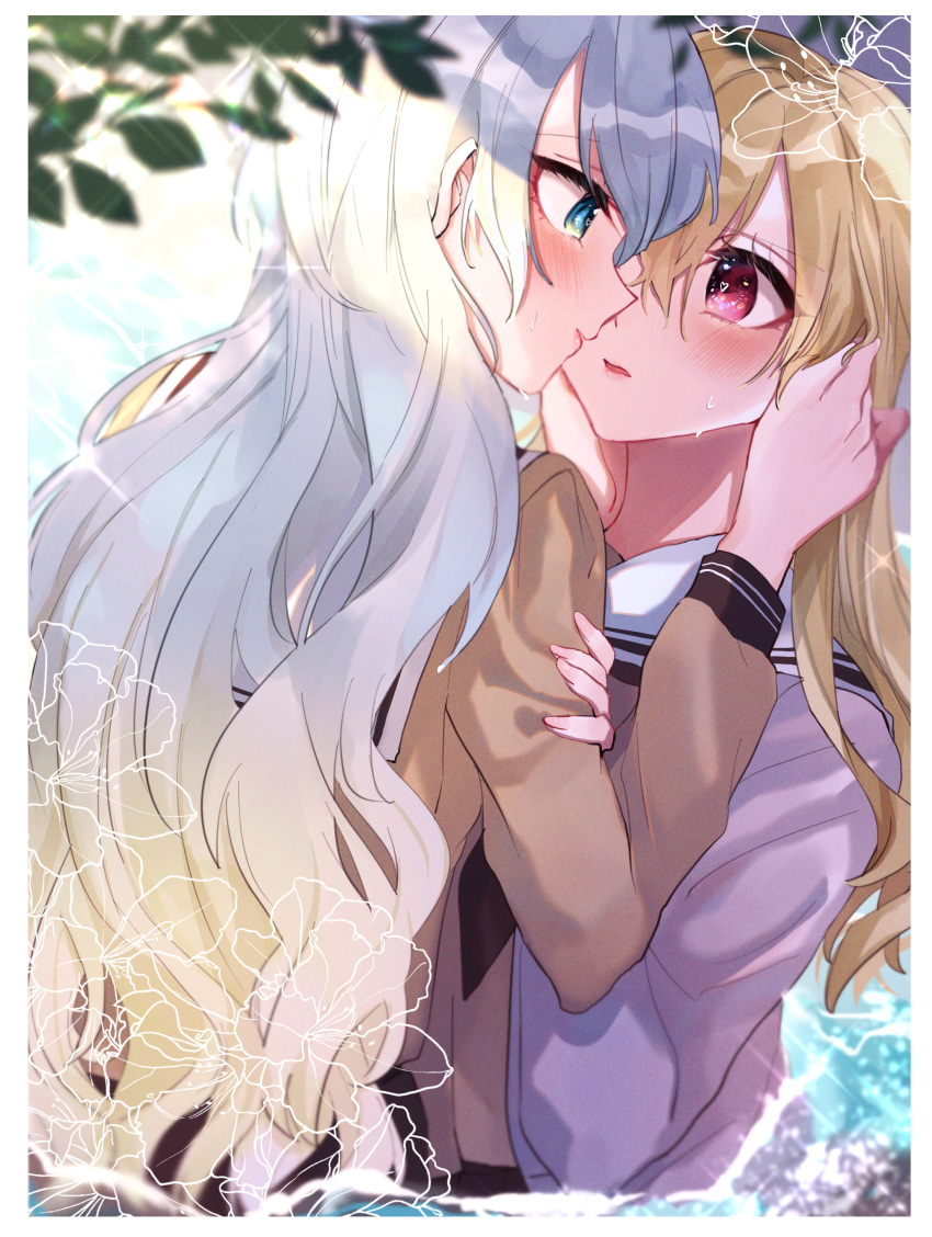 2girls, absurdres, anfuji_uiro, black_neckerchief, blonde_hair, blue_eyes, blush, brown_shirt