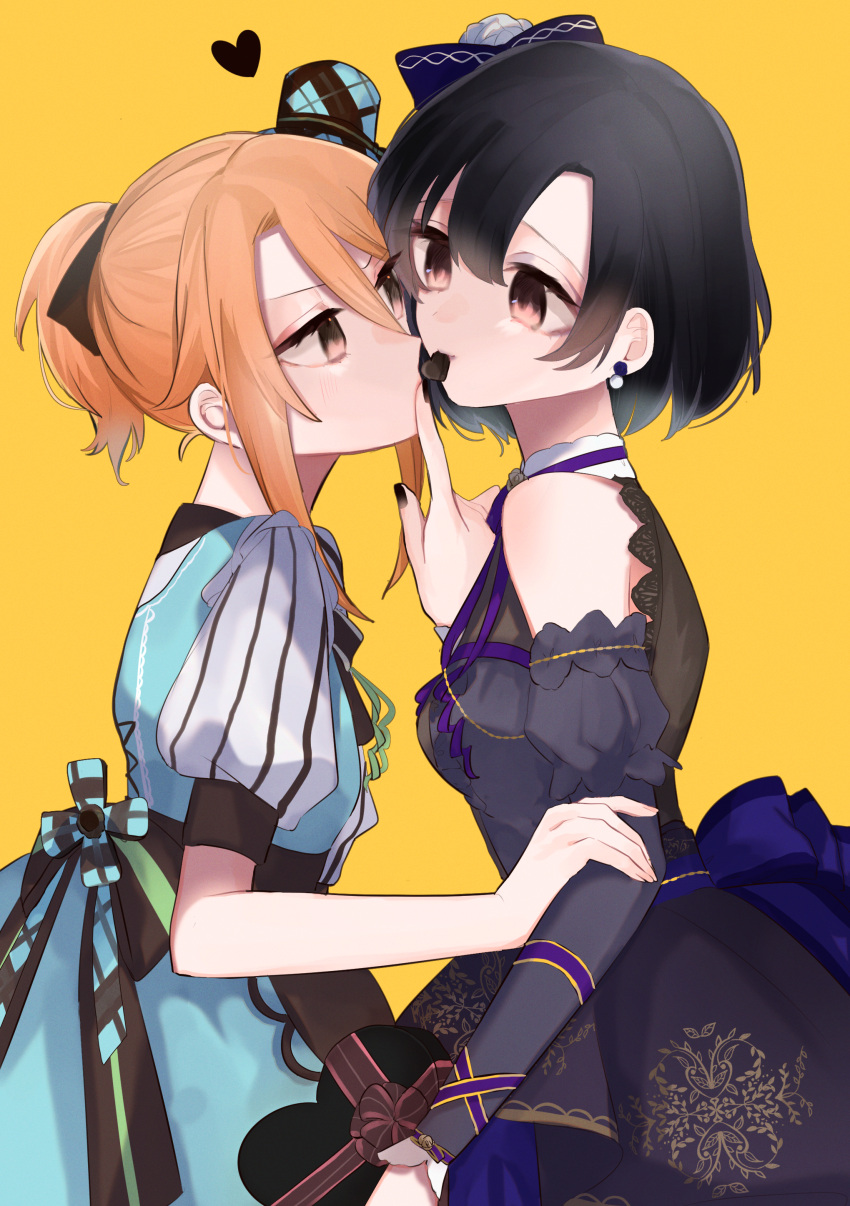 2girls, absurdres, anfuji_uiro, black_footwear, black_hair, black_nails, blue_dress, blush