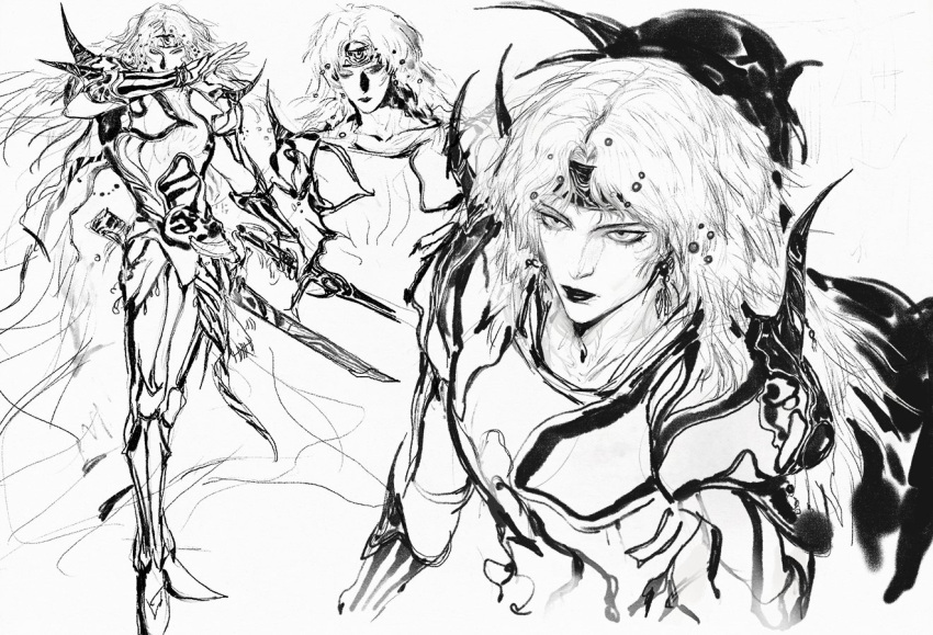 1boy, amano_yoshitaka_(style), armor, cecil_harvey, commentary, final_fantasy, final_fantasy_iv, greyscale