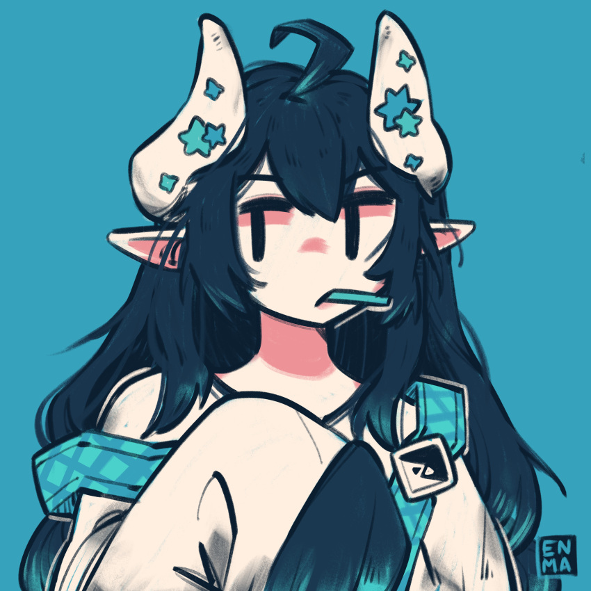 1girl, ahoge, black_hair, blue_background, blue_hair, candy, dragon_girl, dragon_horns