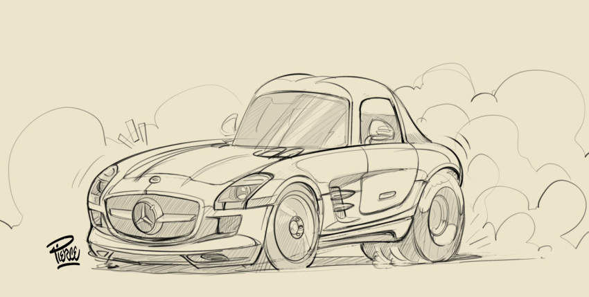artist_name, brown_background, burnout, car, highres, mercedes-benz, mercedes-benz_sls_amg, motor_vehicle