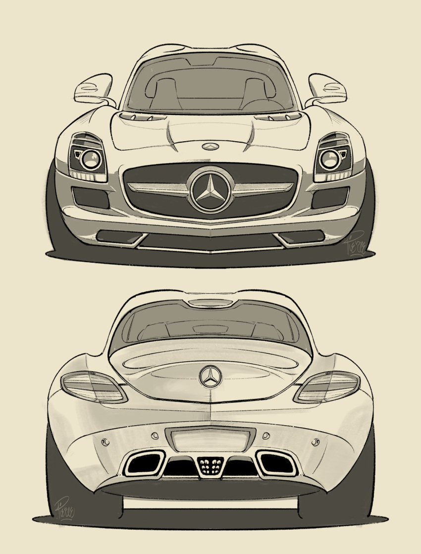 brown_background, car, english_commentary, highres, mercedes-benz, mercedes-benz_sls_amg, monochrome, motor_vehicle