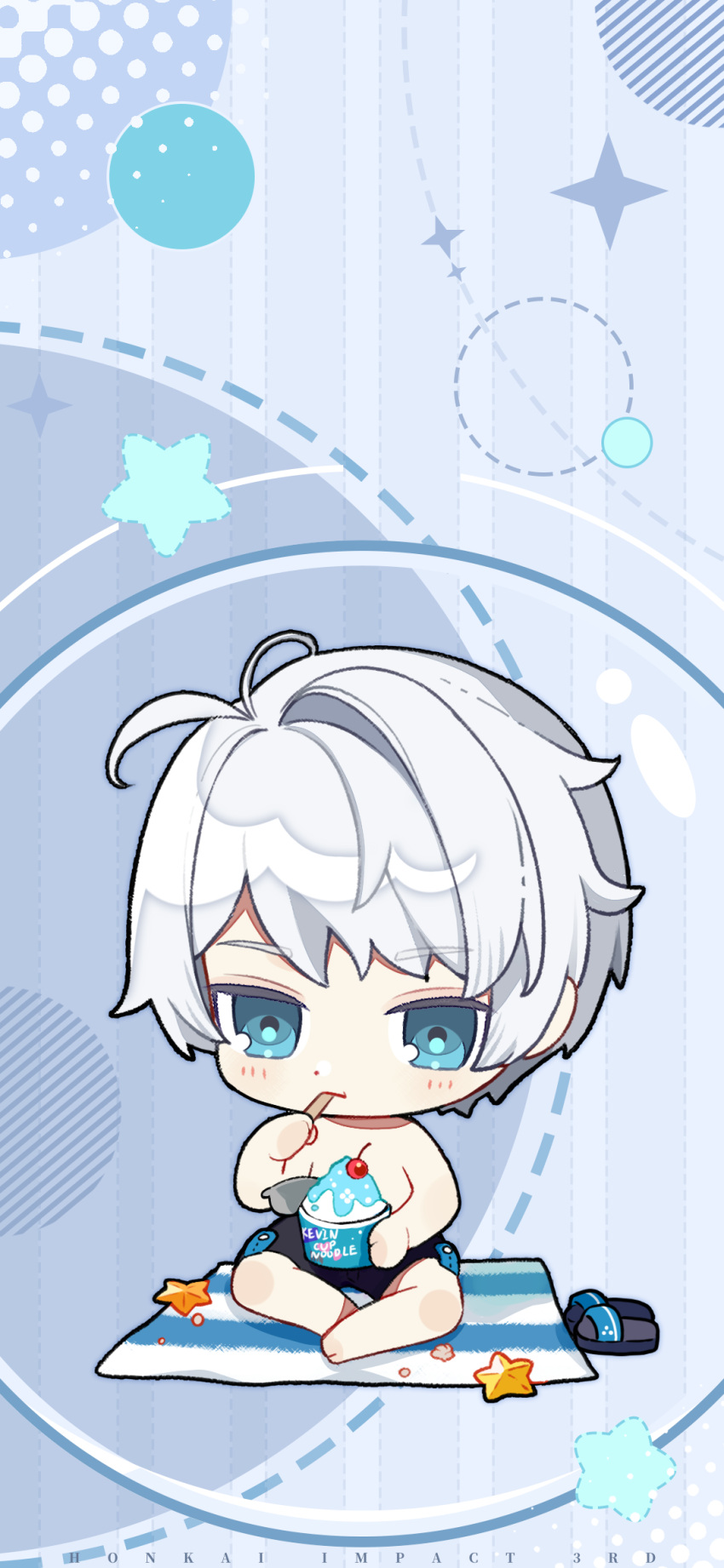 1boy, bare_legs, barefoot, black_shorts, blue_background, blue_eyes, chibi, highres