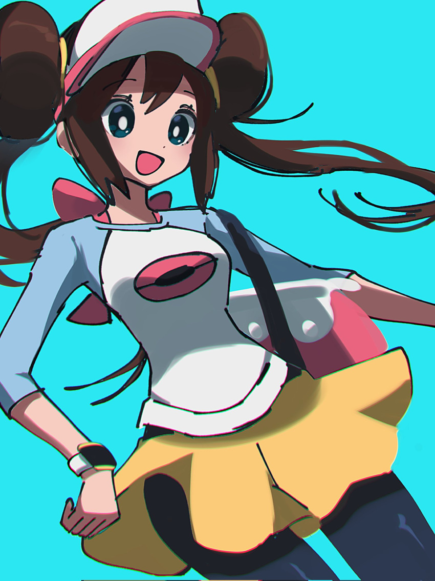 1girl, :d, bag, black_pantyhose, blue_background, blue_eyes, breasts, bright_pupils