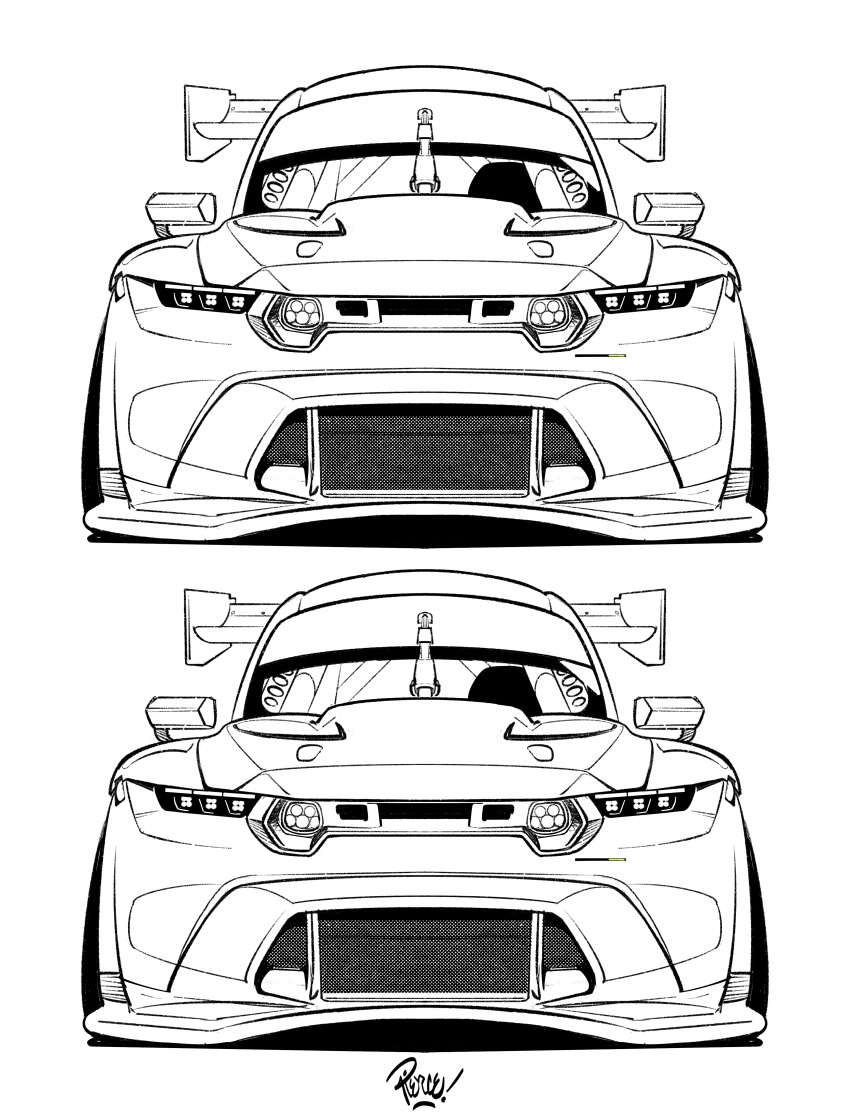 absurdres, car, ford, ford_mustang, ford_mustang_s650, greyscale, highres, lineart, monochrome, motor_vehicle, no_humans, race_vehicle, racecar, shadow, simple_background, spoiler_(automobile), stance_(vehicle), straight-on, vehicle_focus, white_background, will_pierce, world_endurance_championship