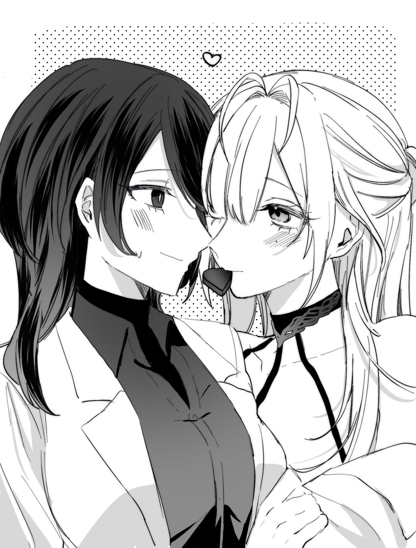 2girls, anfuji_uiro, blush, chief_(path_to_nowhere), closed_mouth, coat, collarbone, commentary_request, dotted_background, eleven_(path_to_nowhere), female_chief_(path_to_nowhere), greyscale, hair_bun, heart, highres, long_hair, looking_at_another, monochrome, mouth_hold, multiple_girls, noses_touching, path_to_nowhere, smile, sweatdrop, upper_body, yuri