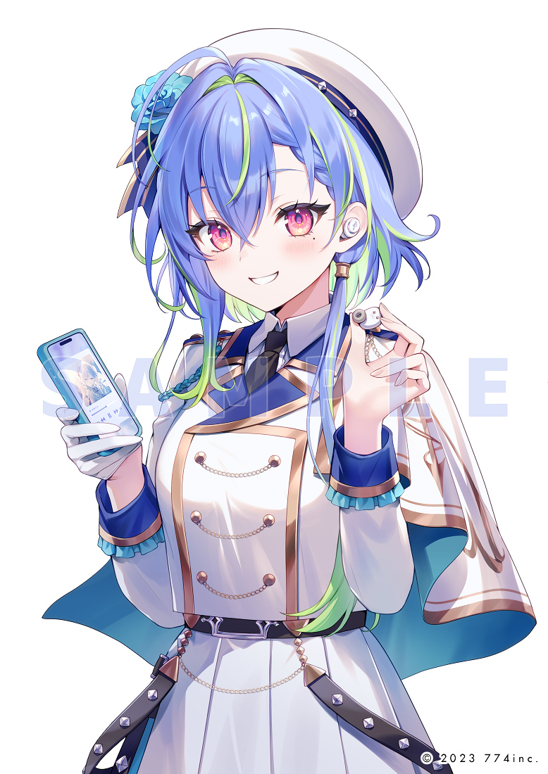 1girl, black_necktie, blue_flower, blue_hair, cellphone, dress, flower, gloves