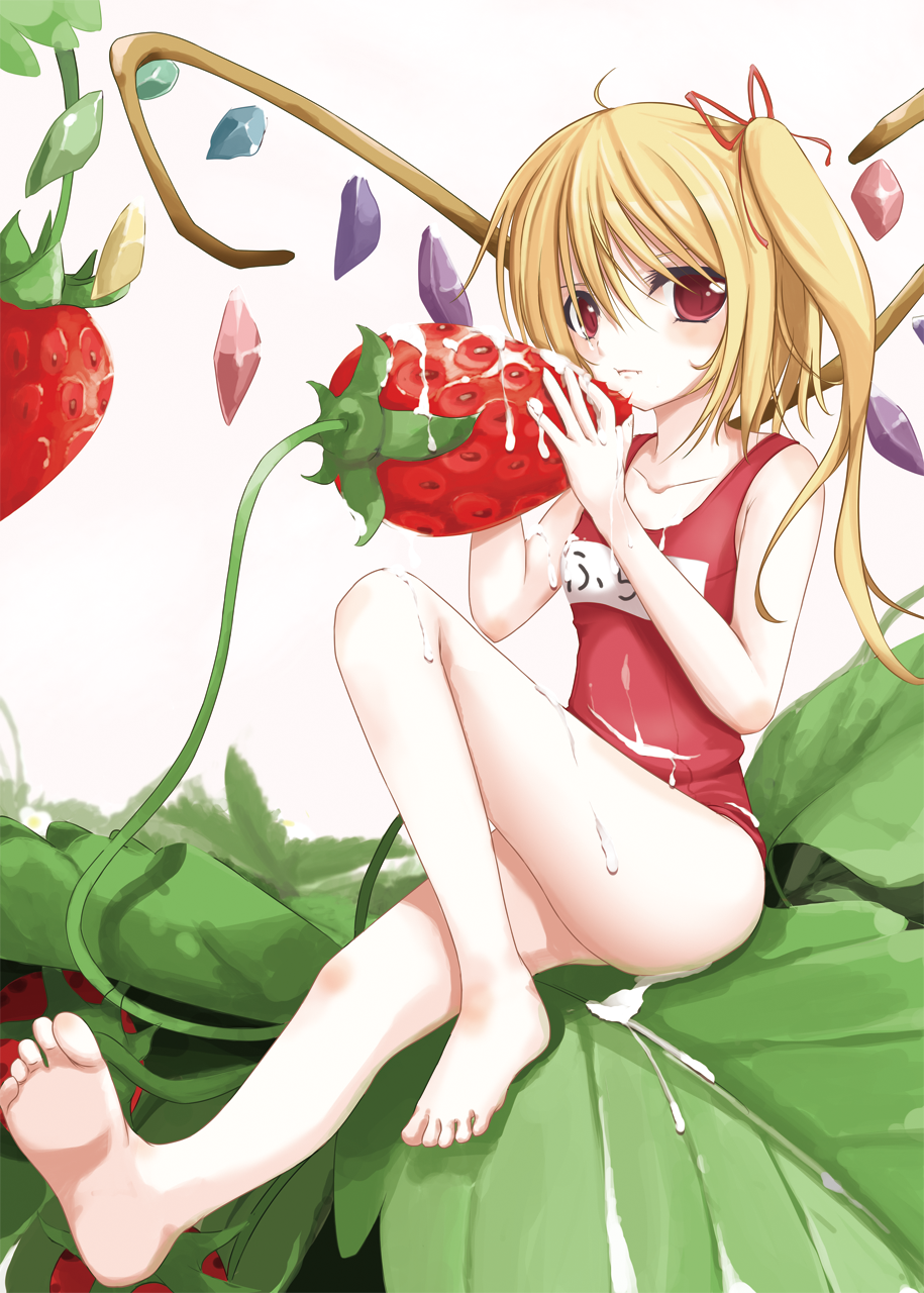 :t, blonde_hair, feet, flandre_scarlet, food, foreshortening, fruit, highres