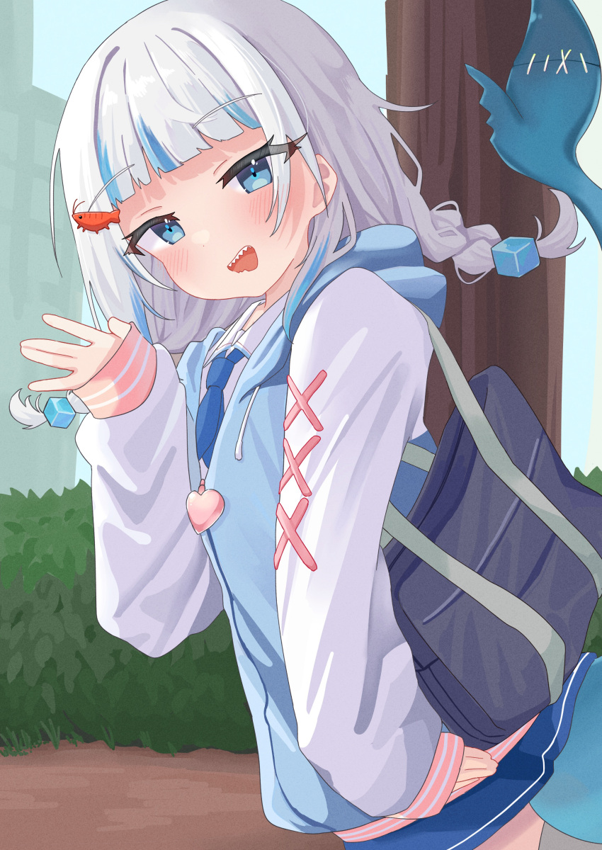 1girl, absurdres, bag, blue_eyes, blue_hair, blue_hoodie, blue_necktie, blue_skirt