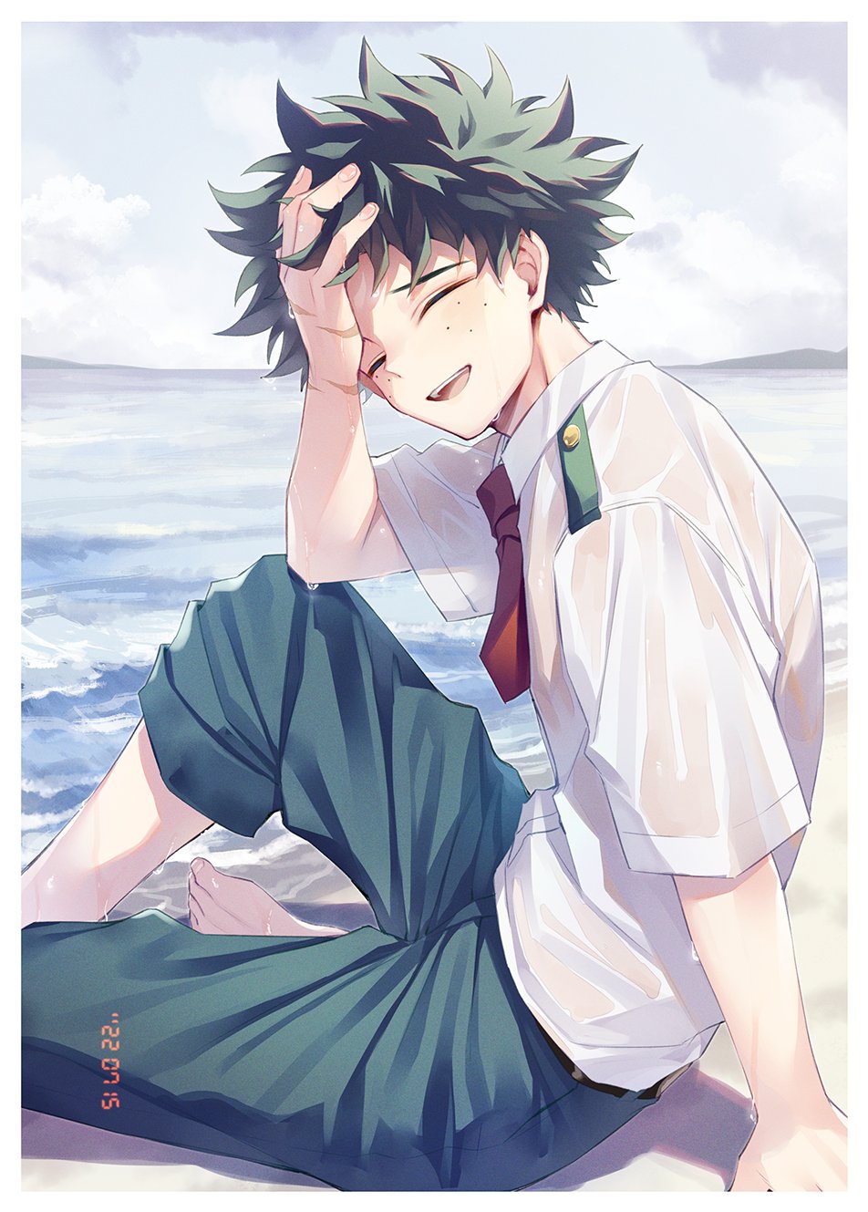 1boy, beach, blush, boku_no_hero_academia, closed_eyes, clouds, cloudy_sky, freckles, green_hair, green_pants, highres, male_focus, midoriya_izuku, necktie, ocean, open_mouth, oumi_hrak_npr, pants, red_necktie, school_uniform, shirt, short_hair, sky, smile, solo, u.a._school_uniform, wet, white_shirt