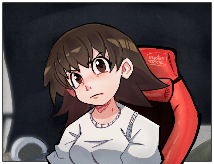 1girl, artist_name, azumanga_daioh, border, breasts, brown_eyes, brown_hair, chair