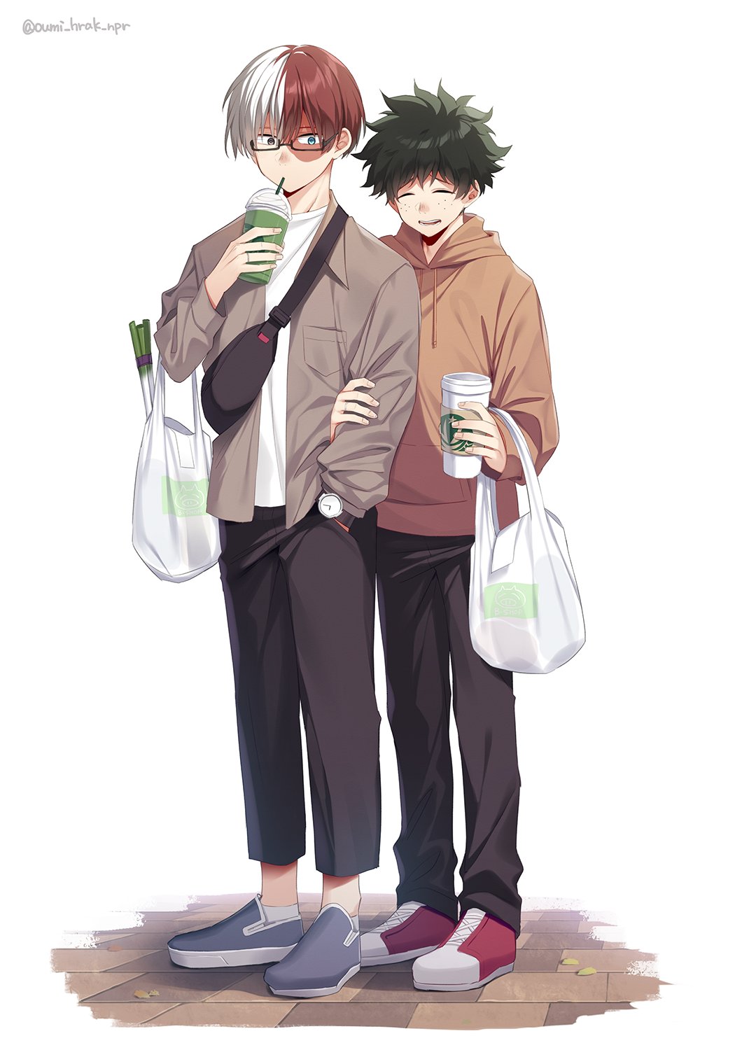 2boys, aqua_eyes, black_hair, boku_no_hero_academia, brown_hoodie, brown_jacket, brown_pants, burn_scar