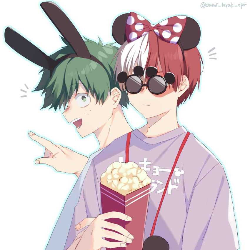 2boys, animal_ears, black_hairband, boku_no_hero_academia, burn_scar, fake_animal_ears, food, glasses