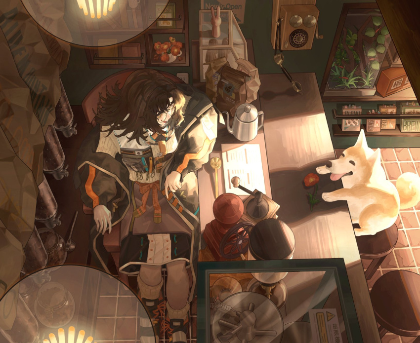 1girl, antique_phone, aquarium, armrest, bar_stool, black_hair, black_jacket, cafe
