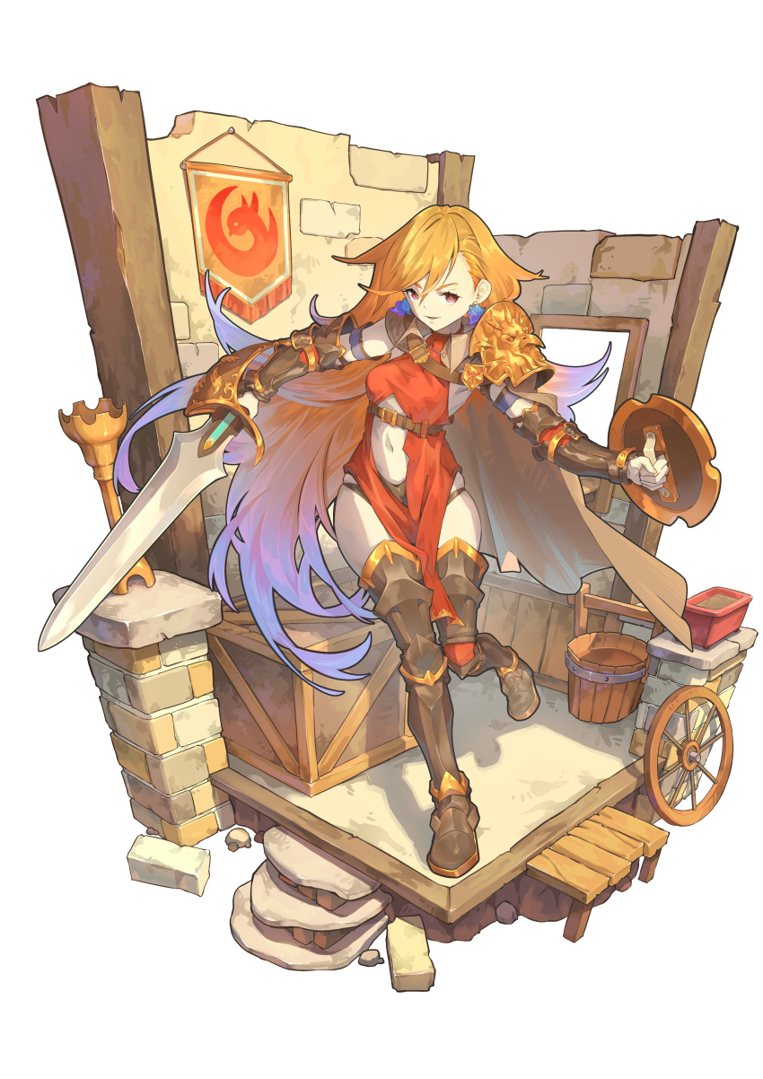 1girl, absurdres, armor, battle_standard, brick, bucket, earrings, feathers
