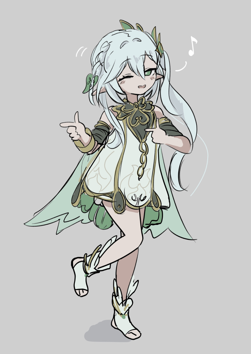 1girl, absurdres, bloomers, bracelet, crossed_bangs, detached_sleeves, dress, finger_gun
